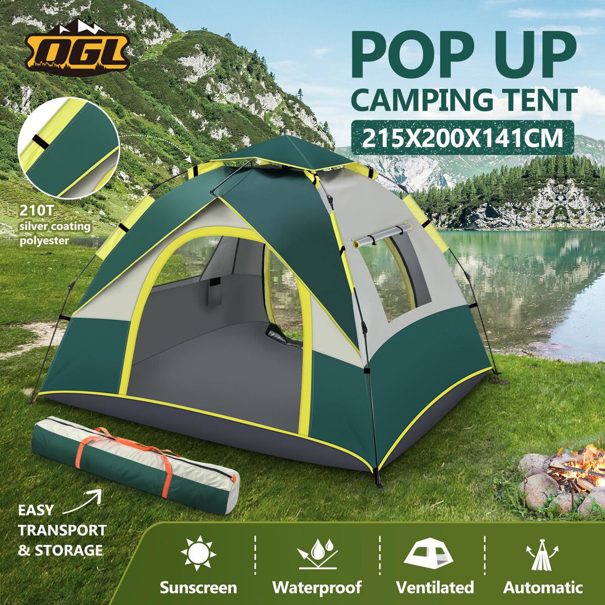 OGL 3 Person Tent Camping Pop Up Instant Beach Sun Shade Shelter Family Waterproof 215x200x141cm Green White