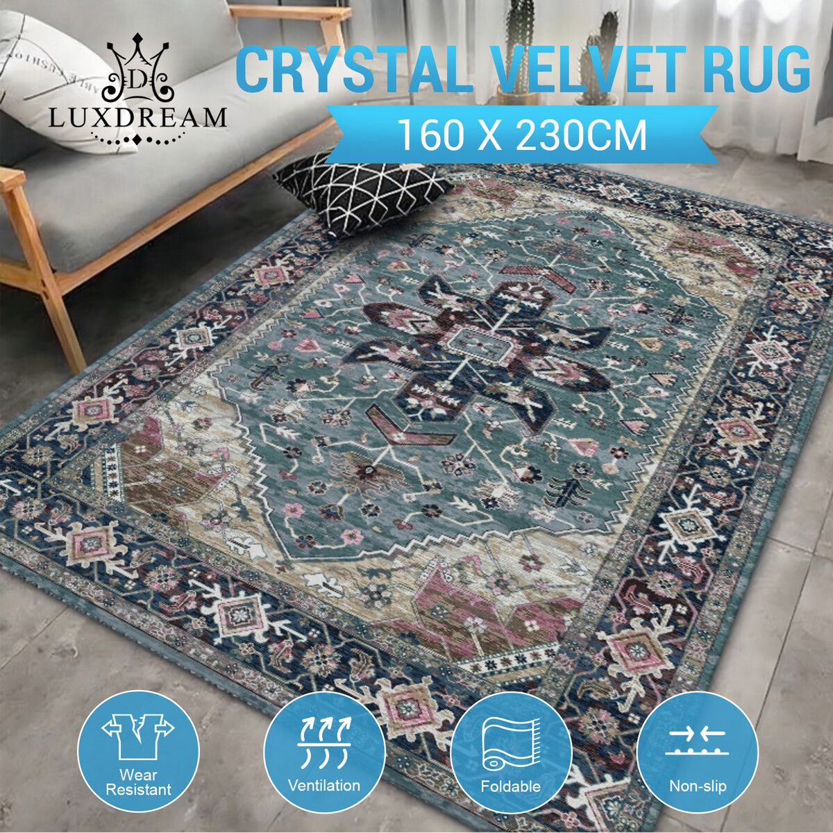 Large Area Rug Floor Mat Non Slip Soft Velvet Carpet Living Room Bedroom Nursery Washable European Retro Blue Print 160x230cm