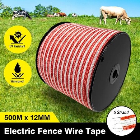 Electric Fence Poly Wire Tape 500 Meters 12mm Portable Temporary Fencing Polywire 5 Stainless Steel Strands Cattle Sheep Goats Horses