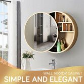 Bathroom Mirrored Cabinet Medicine Vanity Round Wall Mirror Cupboard with Storage Sliding Door Gold 60cm Diameter