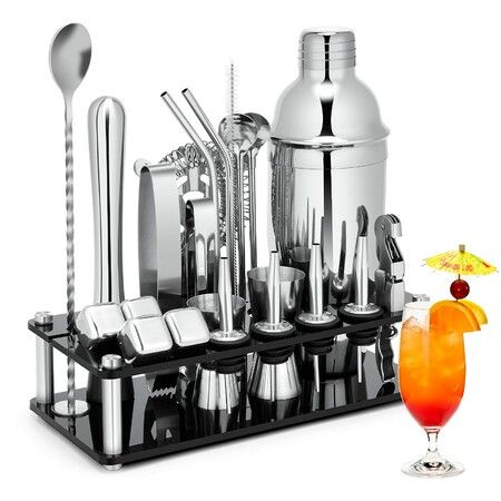 Cocktail Shaker Set 23-Piece Stainless Steel Bartender Kit with Acrylic Stand Booklet Bar Tools for Drink Mixing