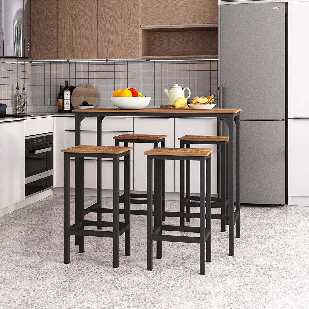 5 PCS Bar Table Set 4 Chairs Stools Kitchen Dining Height Counter Modern Wooden Top Metal Frame