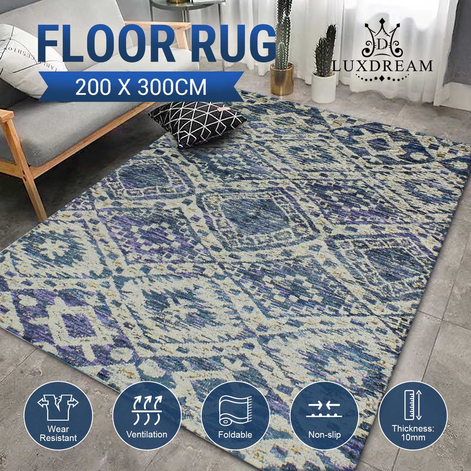 Large Area Rug Living Room Carpet Floor Mat Bedroom Non Slip Blue