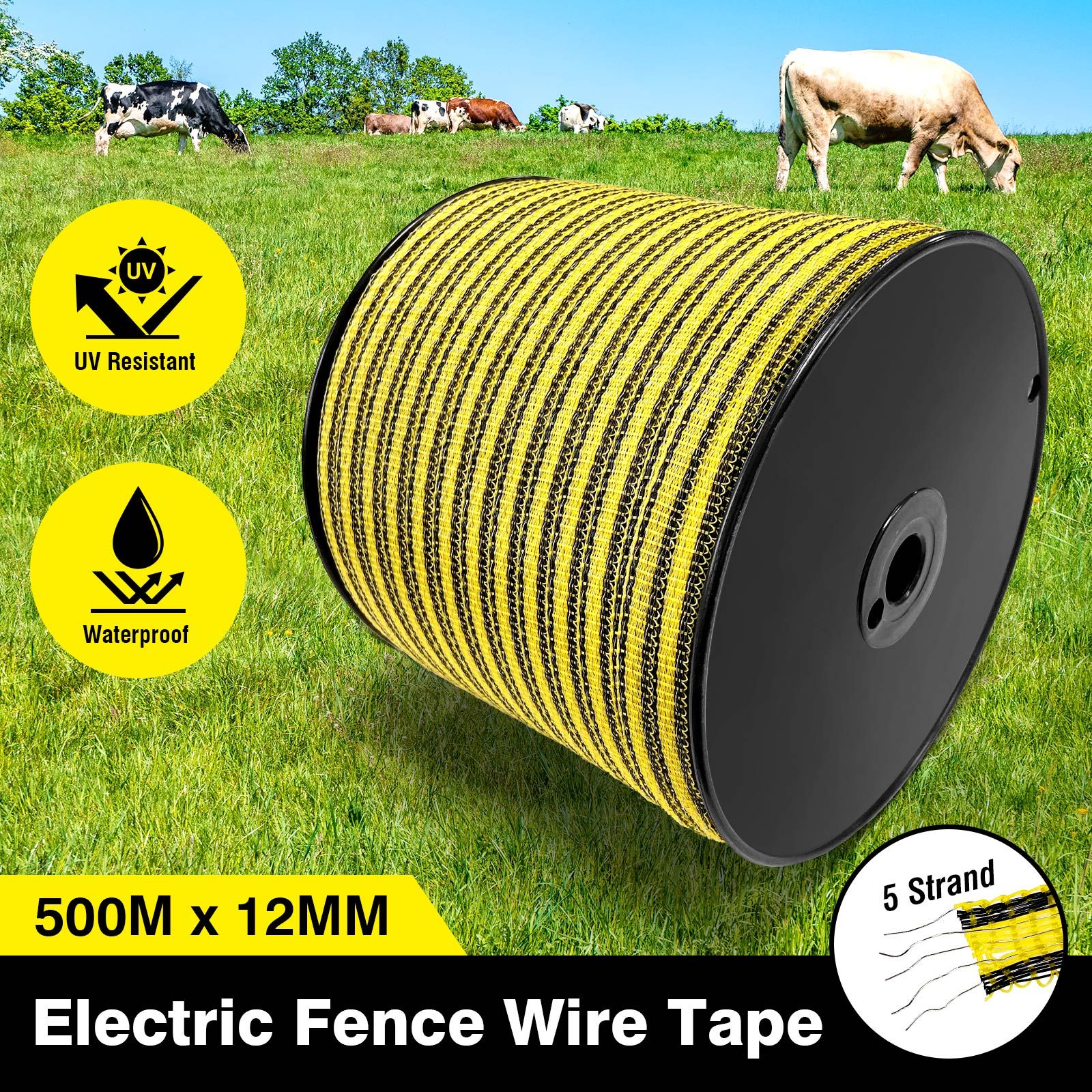 Electric Fence Poly Wire Tape 500 Meters 12mm Portable Temporary Fencing Polywire 5 Stainless Steel Strands Cattle Sheep Goats Horses Yellow and Dark