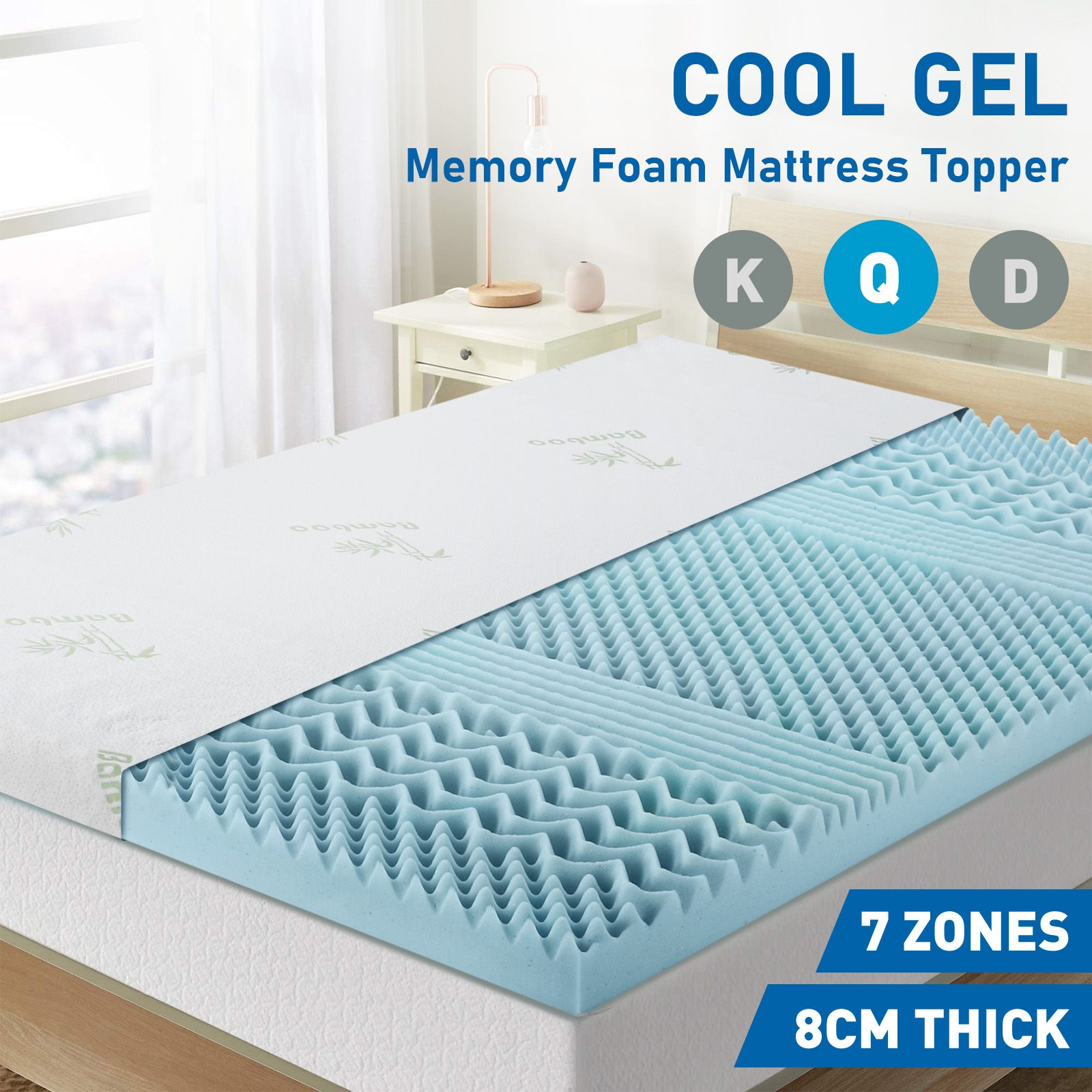 Queen Size Mattress Topper Cool Gel Memory Foam Bed Underlay 8CM with Bamboo Cover 