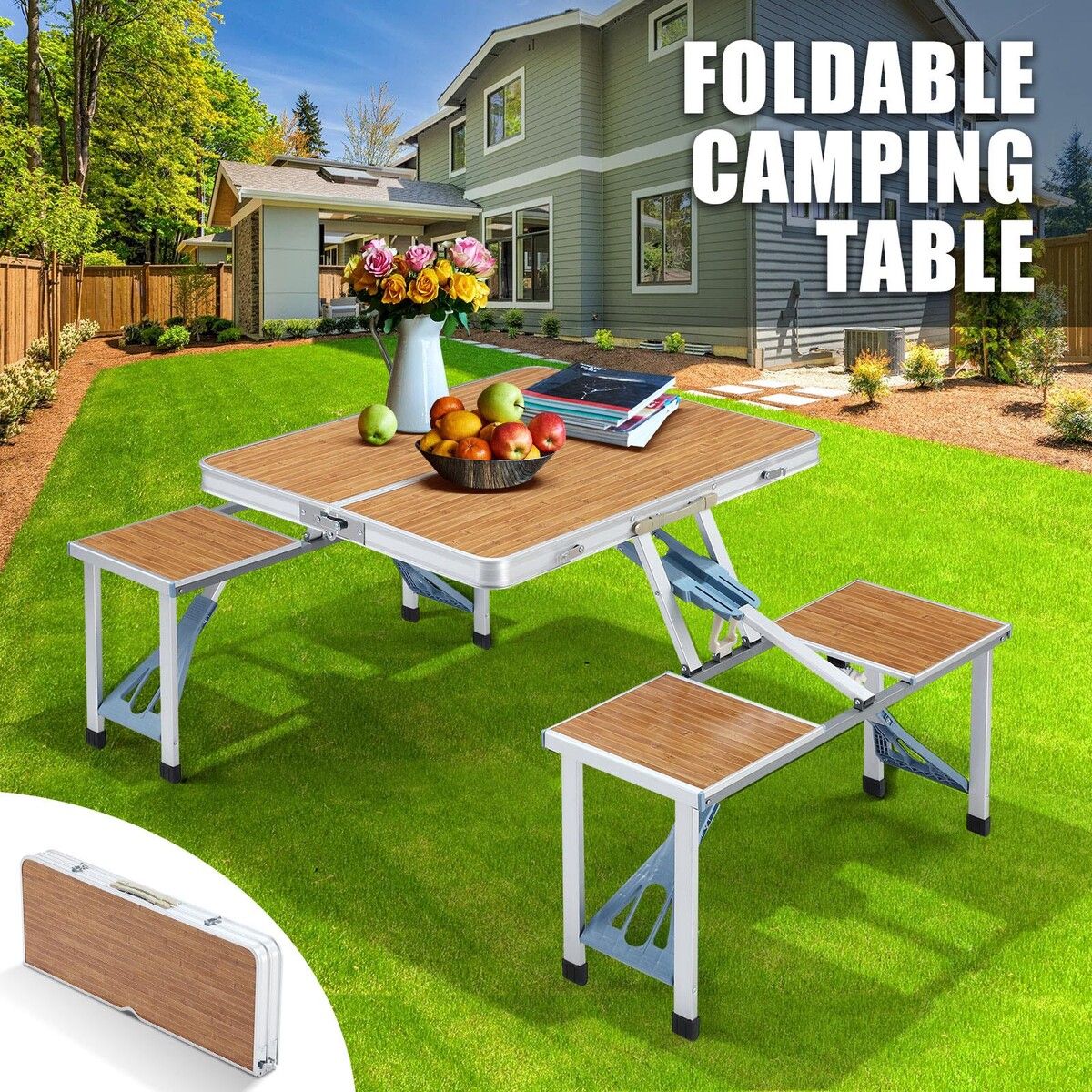 Folding Camping Table Set Outdoor Dining Beach Picnic Chairs Bench Party Portable Aluminium 4 Seats