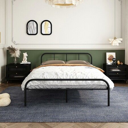 Queen Bed Base Frame Black Metal Platform Mattress Foundation with Storage Headboard Footboard 