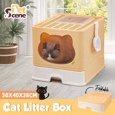 Cat Litter Box Large Foldable Toilet Tray Enclosed Kitty Potty Front Top Entry Lid Covered Hooded Pan Furniture Scoop Yellow