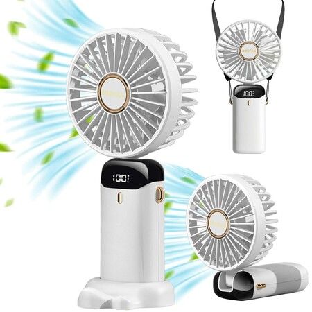 Mini Handheld Portable Hanging Neck Fan Adjustable USB Rechargeable with 5 Speed for Home Office Travel (3000mAh-White)