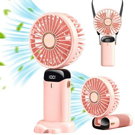 Mini Handheld Portable Hanging Neck Fan Adjustable USB Rechargeable with 5 Speed for Home Office Travel (3000mAh-Pink)