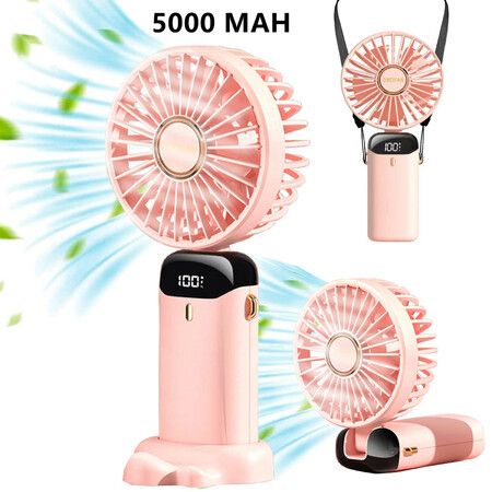 Mini Handheld Portable Hanging Neck Fan Adjustable USB Rechargeable with 5 Speed for Home Office Travel (5000mAh-Pink)