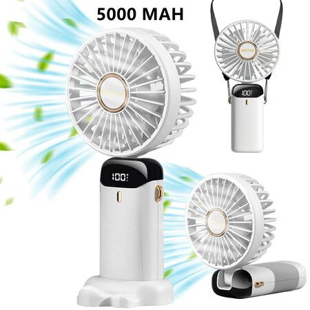 Mini Handheld Portable Hanging Neck Fan Adjustable USB Rechargeable with 5 Speed for Home Office Travel (5000mAh-White)