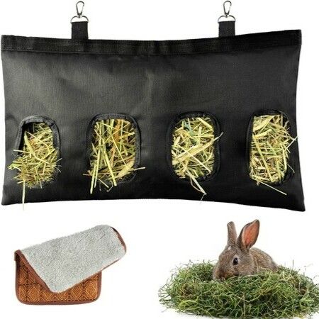 Rabbit hay Feeding Bag 4-Hole Design Guinea Pig hay Feeding Bag (Black)