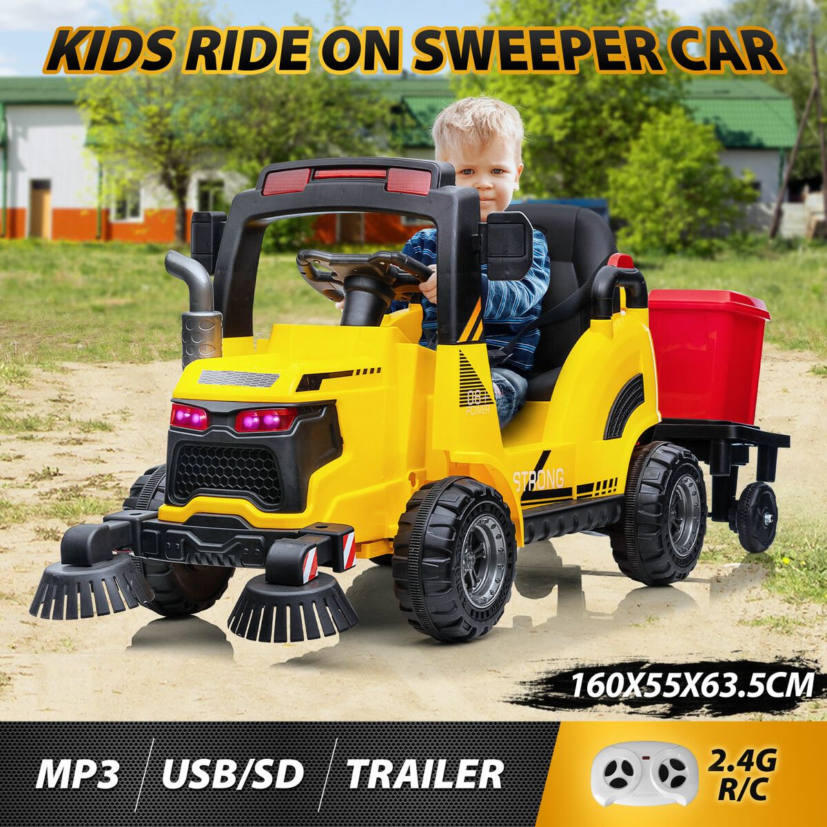 Kids Electric Car Ride on Remote Control Sweeper Toy Trailer Vehicle Tractor Off Road Riding with MP3 LED Lights