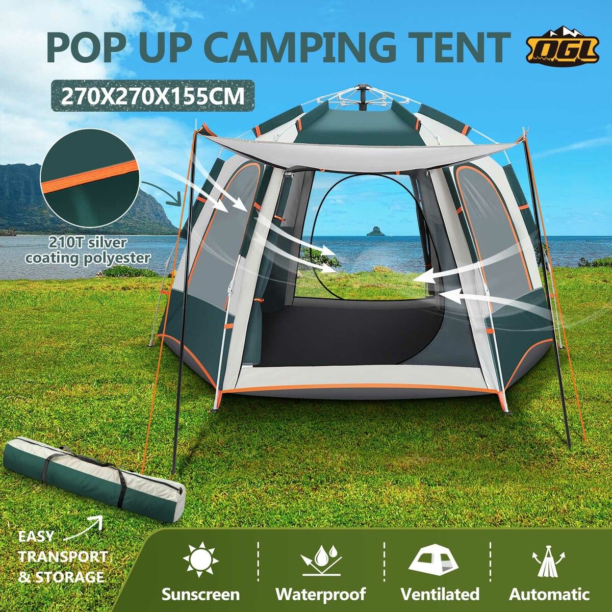 5 Person Camping Tent Instant Pop Up Beach Shelter Sun Shade Hiking Family Party Picnic Outdoor Waterproof 270x230x155cm Green White