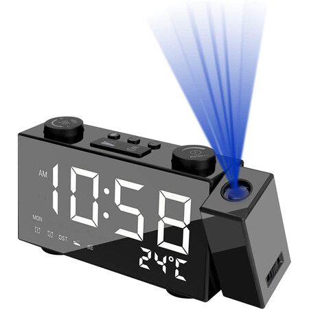 Projection Alarm Clock, LED Digital Alarm Clock with Week Time and Temperature Display