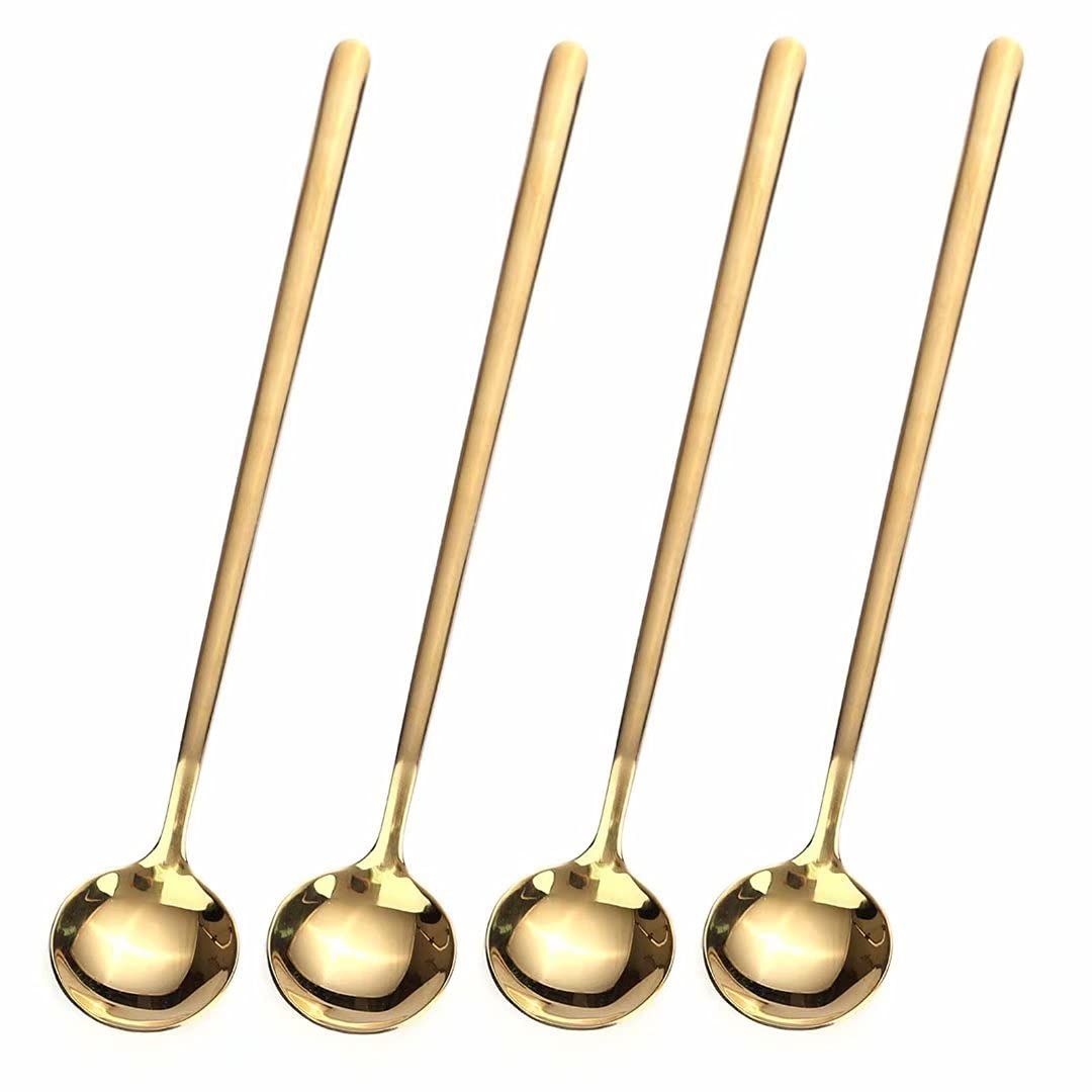 4 PCS 6.7 Inches Coffee Spoons,Stirring Spoons,Tea Spoons Long Handle,Gold Teaspoons,Gold Spoons,Ice Tea Spoons,Long Spoons for Stirring,Gold Espresso Spoons Stainless Steel