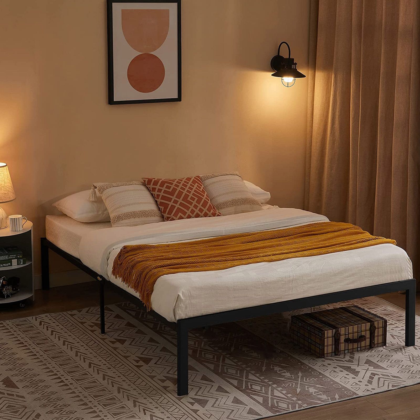 Queen Size Bed Frame Base Platform Black Metal Mattress Foundation with