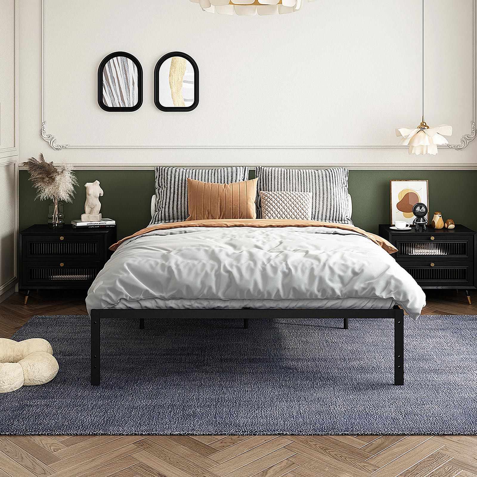 Queen Size Bed Frame Base Platform Black Metal Mattress Foundation with