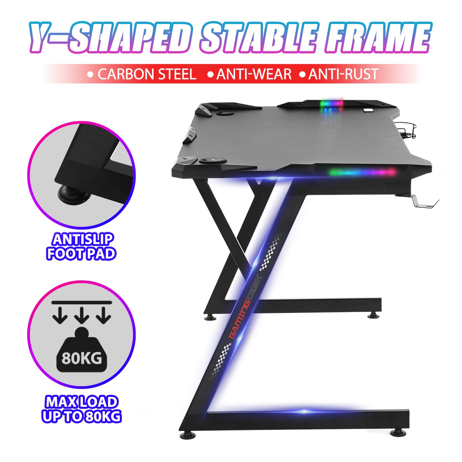 RGB LED Gaming Desk Large Home Office Computer Gamer Writing Desktop