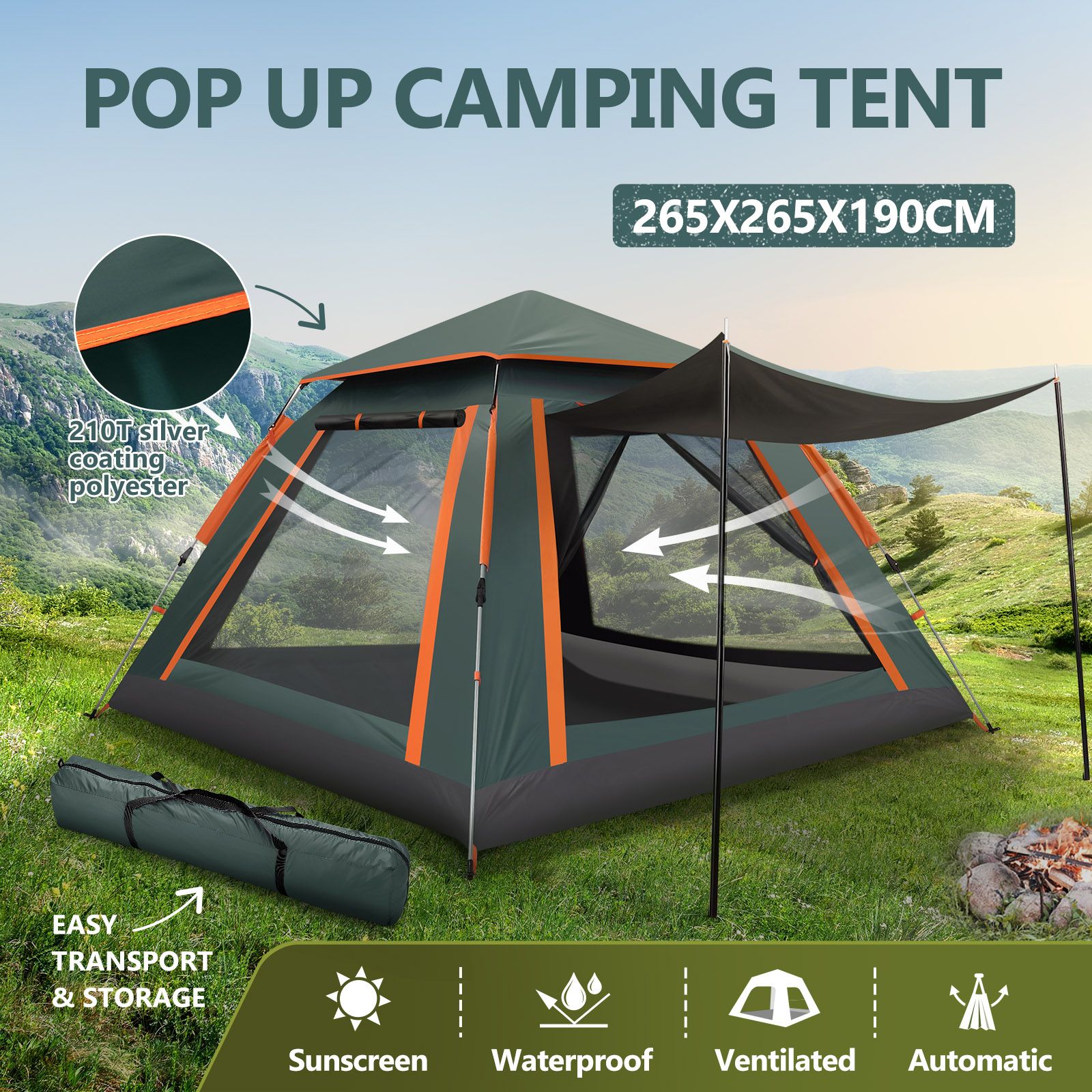 5 Man Tent Camping Pop Up Family Party Beach Instant Sun Shade Shelter Waterproof Outdoor 265x265x190cm Green