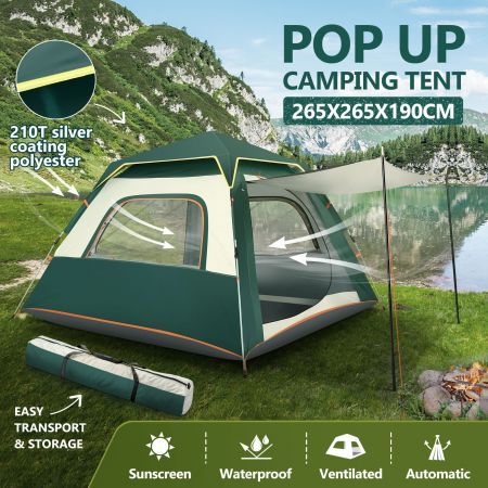 5 Man Tent Camping Beach Party Instant Pop Up Sun Shade Family Shelter Outdoor Hiking Picnic Waterproof 265x265x190cm Green