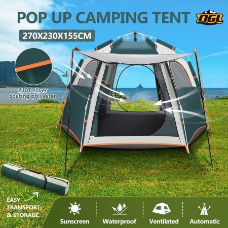 5 Person Camping Tent Instant Pop Up Beach Shelter Sun Shade Hiking Family Party Picnic Outdoor Waterproof 270x230x155cm Green White