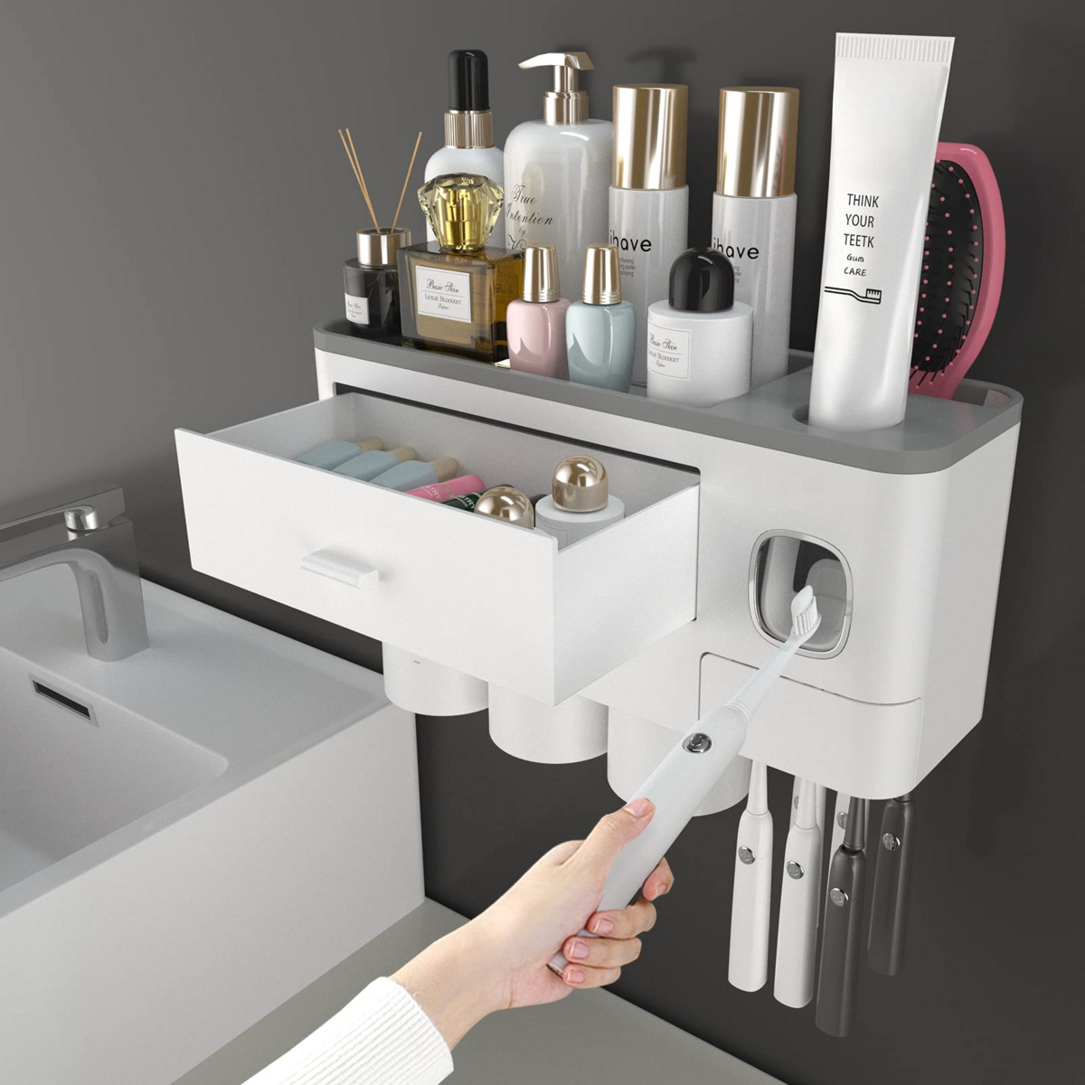 Toothbrush Holders for Bathrooms,3 Cups Toothbrush Holder Wall Mounted with Toothpaste Dispenser,Large Capacity Tray,Cosmetic Drawer and 6 Brush Slots with Cover Tooth Brush Holder