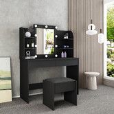 Modern Dressing Table Makeup Desk Vanity Table Stool Set with LED Lights Mirror Drawers-Black