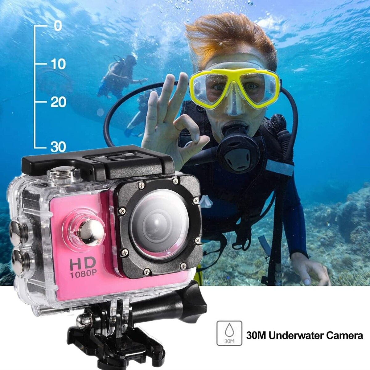 Sports Camera 1080P 12MP Sports Camera Full HD 2.0 Inch Sports Camera 30m/98ft Underwater Waterproof Camera with Installation Accessory Kit Color Pink