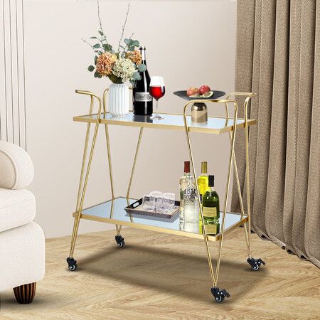 Gold Bar Cart Coffee Trolley Serving Drinks Liquor Tea Wine Cocktail Alcohol Whiskey Trolly Beverage 4 Rolling Wheels 2 Trays Mirrored Glass