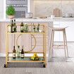 Gold Bar Cart Trolley Serving Drink Coffee Liquor Tea Wine Cocktail Alcohol Whiskey Trolly Rolling Mobile Metal Wheels 2 Tiers Tempered Glass