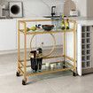 Gold Bar Cart Trolley Serving Drink Coffee Liquor Tea Wine Cocktail Alcohol Whiskey Trolly Rolling Mobile Metal Wheels 2 Tiers Tempered Glass