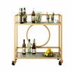 Gold Bar Cart Trolley Serving Drink Coffee Liquor Tea Wine Cocktail Alcohol Whiskey Trolly Rolling Mobile Metal Wheels 2 Tiers Tempered Glass