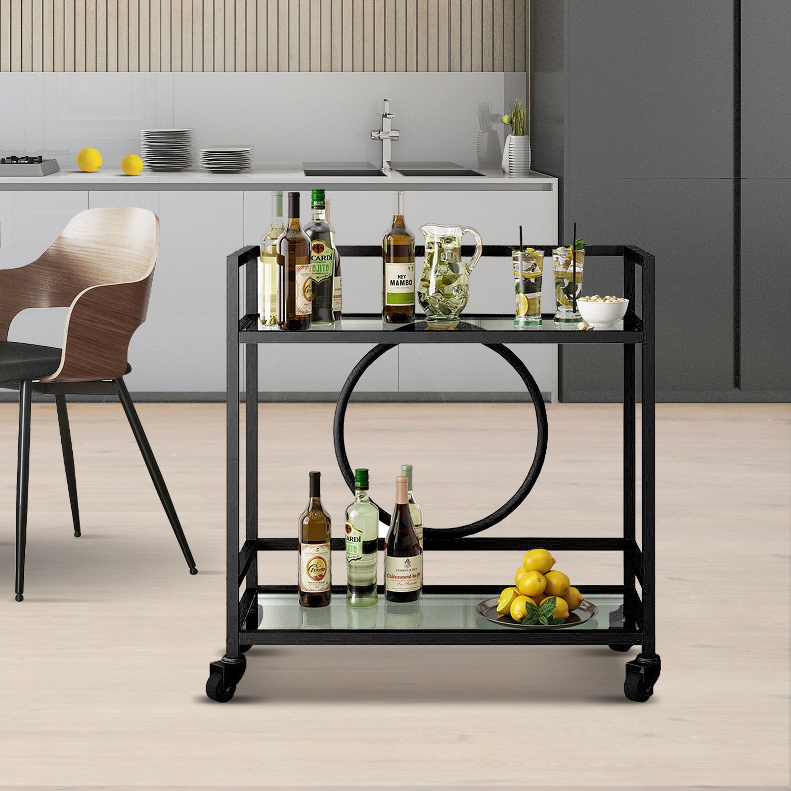 Black Bar Cart Trolley Drink Coffee Serving Liquor Tea Wine Cocktail ...