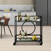 Black Bar Cart Trolley Drink Coffee Serving Liquor Tea Wine Cocktail Alcohol Whiskey Trolly Beverage 4 Rolling Wheels 2 Trays Tempered Glass