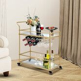 Bar Cart Gold Drinks Coffee Trolley Serving Liquor Wine Cocktail Alcohol Whiskey Trolly Holder Home Kitchen Rolling Metal Tempered Glass Storage