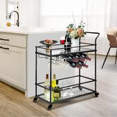 Bar Cart Black Wine Coffee Trolley Serving Drinks Liquor Tea Cocktail Alcohol Beverage Whiskey Rolling Mobile Bottle Glass Holder Home Storage