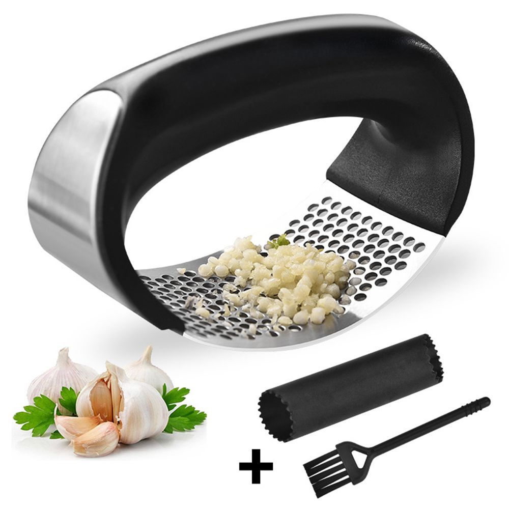 Garlic Press Rocker,Stainless Steel Garlic Mincer Crusher Professional Kitchen Gadgets Garlic Chopper with Ergonomic Handle,Silicone Garlic Peeler