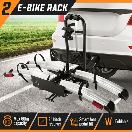2 Ebike Rack for Car SUV Rear Electric Bike Bicycle Carrier Platform Holder 2 Inch Hitch Receiver Foldable Foot Pedal Tilt 60kg