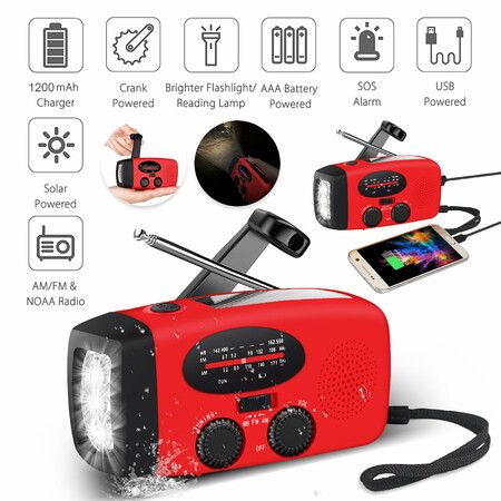 Emergency Hand Crank Radio with LED Flashlight and 2000mAh Power Bank Phone Charger, USB Charged And Solar Power for Camping
