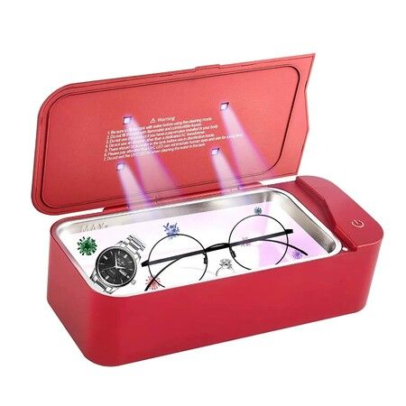Ultrasonic Jewelry Cleaner 450ML Professional UV Machine for Eyeglasses Rings Watches Coins Tools Earrings Necklaces Dentures-Red