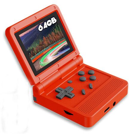 Handheld Game Console Retro Clamshell  Built-in Rechargeable Battery Portable Style Flip Hand Held Game Video Consoles System Red 64GB