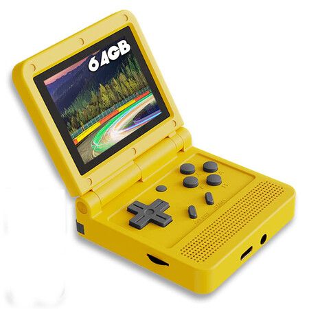 Handheld Game Console Retro Clamshell  Built-in Rechargeable Battery Portable Style Flip Hand Held Game Video Consoles System Yellow 64GB