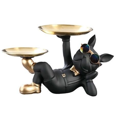 Cool Resin Dog Statue Black 2 Metal Trays with Cute Glasses French Bulldog Figurine Sculptures Home Decor Gift