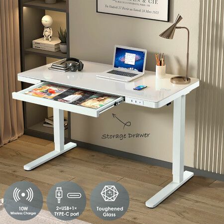 Electric Standing Desk Sit Stand Up Table Height Adjustable Motorised Rising White Computer Office Tempered Glass Top Wireless USB