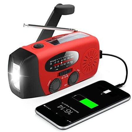 Emergency Hand Crank Radio with NOAA WEATHER FORCAST LED Flashlight  2000mAh  AMFM Portable Weather Power Bank Phone Charger, USB Charged & Solar Camping