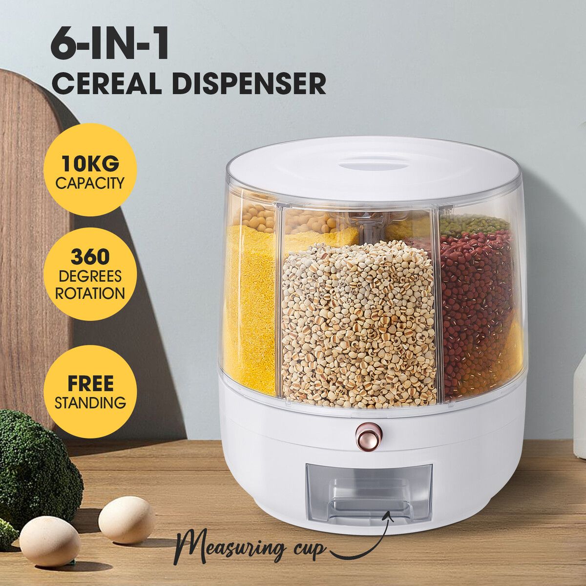 Cereal Rice Box Dispenser Rotating Dry Food Storage Container Bin Grain Flour Candy Snack 6 Grids Measuring Cup 10kg