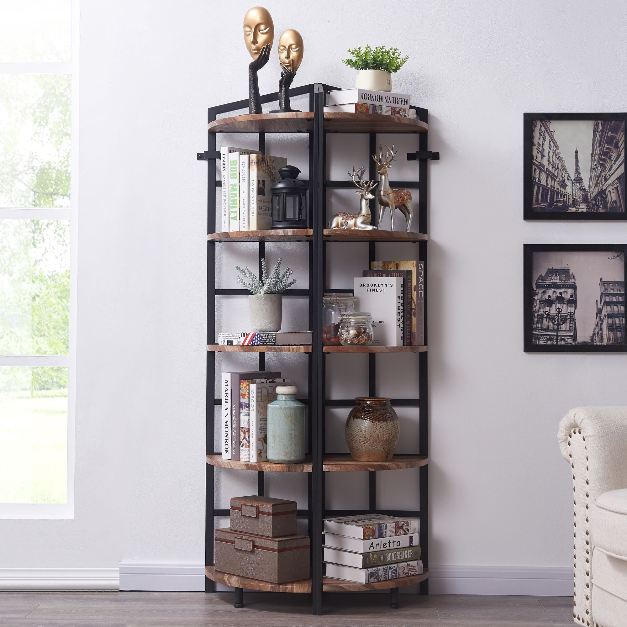 5 Tier Industrial Corner Bookshelf with Metal Frame Brown