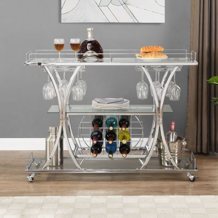 Chrome Stainless Steel & Glass Shelves Bar Cart Silver